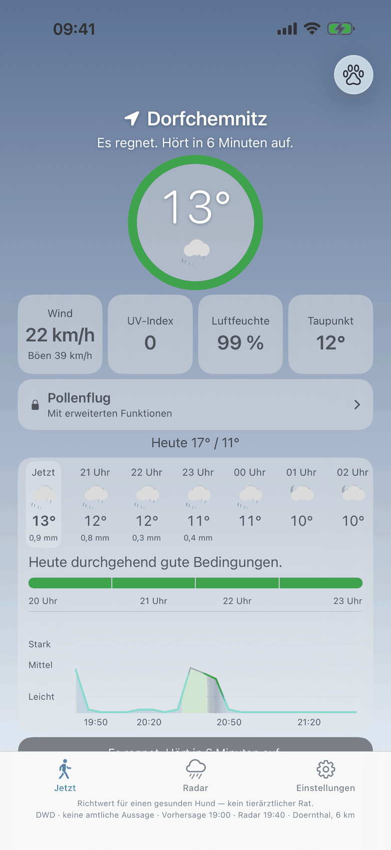 Jetzt-Ansicht der App: die Gassi-Ampel mit der Temperatur, darunter Messwerte, der gesperrte Pollenflug, die Stundenreihe mit Regenmengen und der Regenverlauf